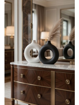 Safir Design Siyah Beyaz Donut 2'li Vazo Seti, Doğal Pampas Otu Hediyeli Modern Dekorasyon Takımı