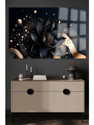 Beta Moda Hub Siyah Altın Gold Detay Lotus Yatay Çiçek Kırılmaz Lüks Cam Tablo Of Iş Yeri Ev Hediyesi Cam Tablo