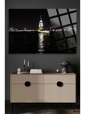 Beta Moda Hub Kız Kulesi Manzara Gece Uv Baskılı Kırılmaz Cam Tablo, Ev ve Ofis Yüksek Çözünürlüklü 4mm Cam Tablo