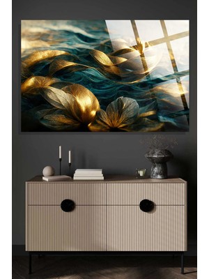 Beta Moda Hub Lüks Gold Çiçek Görseli 4mm Kırılmaz Temperli Yüksek Çözünürlüklü Cam Tablo