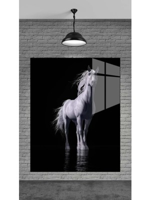 Beta Moda Hub Beyaz At Dekoratif Temperli Cam Üzerine Tablo Sevgilinize Yılbaşı Hediye