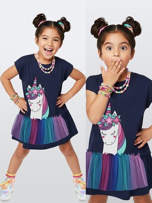 Denokids Kız Çocuk Elbise Lacivert Pamuk Penye Unicorn Tüllü Yazlık  Elbise 2-8 Yaş