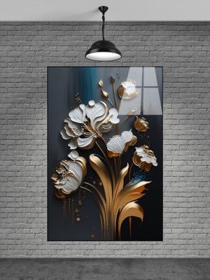 Beta Moda Hub Altın Renkli Beyaz Çiçekler Cam Tablo