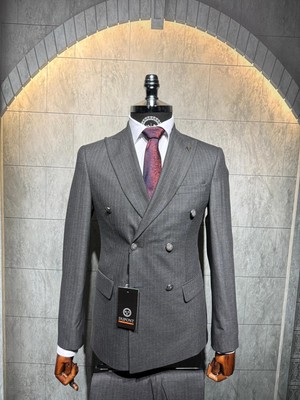 Dupont Çizgili Kruvaze Takım Elbise