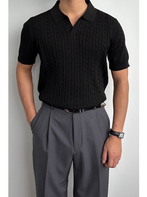 Tarz Cool Erkek Siyah Fitilli Polo Yaka Kısa Kol Triko T-Shirt Günlük Stil ve Konfor