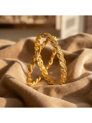 ferizz altın kaplama  ıkili burma bilezik ve ınce örgü bilezik kombin bnd-145