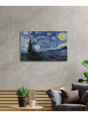 Beta Moda Hub Vincent Van Gogh Yıldızlı Gece Starry Night Sanat Cam Tablo, Temperli Rodajlı Dayanıklı  Cam
