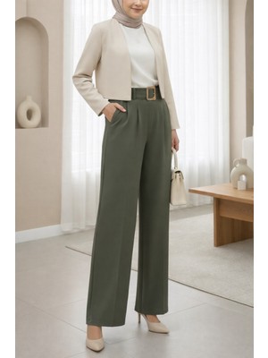 Modamorfo Tokalı Kemerli Beli Katlamalı Bol Paça Modal Krep Pantolon  -Haki