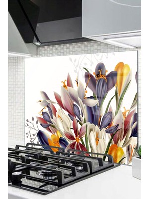 Beta Moda Hub 76X49,5 cm Cam Ocak Arkası Koruyucu Tezgah Ankastre Arkası Koruyucu | Geometrik Çiçek