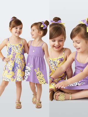 Denokids Kız Çocuk Yazlık Elbise 2'li Paket Leopar Sarı Lila