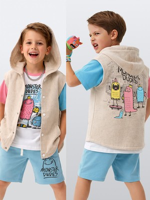 Denokids Erkek Çocuk Kapüşonlu Yelek Keten Görünümlü Dokuma Kumaş Canavar Baskılı