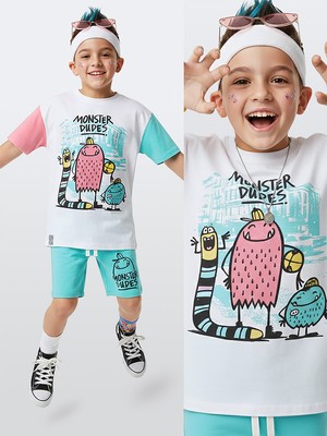 Denokids Erkek Çocuk Takım Canavar Baskılı %100 Pamuk T-Shirt Pamuk Şort Yazlık Takım