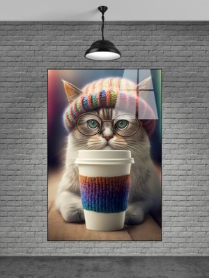Beta Moda Hub Kahve Içen Tatlı Kedi Cam Tablosu