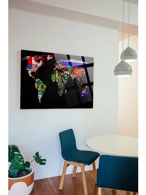Beta Moda Hub Bayraklı Dünya Haritası Ofis, Ev Için Harita 4mm Kırılmaz Temperli Yüksek Çözünürlüklü Cam Tablo