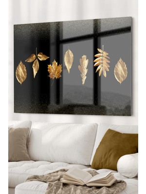 Beta Moda Hub Siyah ve Altın Yaprak | Doğa Temalı Cam Tablo | 50X70 cm