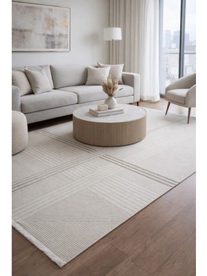 Hoom Rugs Gusto 1348A Bej Krem Modern Halı Mikrofiber Polyester Hav Vermez Spor Saçaklı Halı