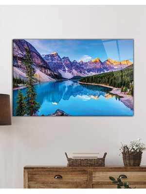 Beta Moda Hub Yeşil Ağaçlar Dağ Göl Yansıması Doğa Manzarası Cam Tablo, Darbelere Dayanıklı Kırılmaz Temperli