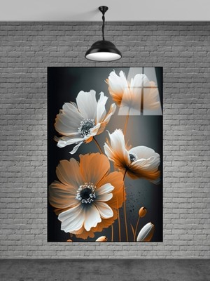 Beta Moda Hub Altın Renkli Beyaz Çiçekler Cam Tablo