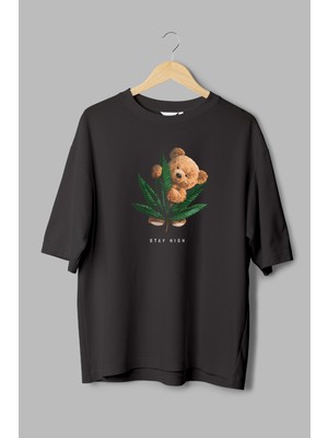 Overoz Teddy Bear Stay High Baskılı Yarı Oversize Siyah T-Shirt 1069