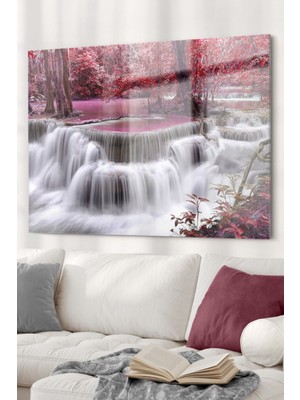 Beta Moda Hub Pencere Şelale ve Pembe Ağaçlar | Doğa Temalı Cam Tablo | 50X70 cm 5070OLCTM109