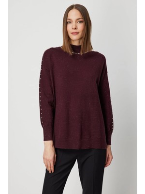 On Fashion Kadın Zımba Detaylı Bordo Kazak 60307