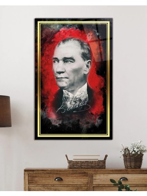 Beta Moda Hub Gold Şeritli Imzalı Atatürk Portresi Cam Tablo, Darbelere Dayanıklı Kırılmaz Temperli