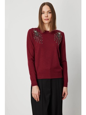 On Fashion Kadın Omzu Aksesuarlı Balıkçı Yaka Bordo Kazak 63314