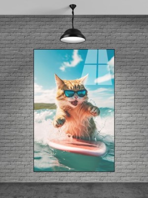 Beta Moda Hub Surf Yapan Tatlı Kedi Cam Tablosu