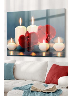 Beta Moda Hub Mum ve Kırmızı Çiçek |mum Temalı Cam Tablo | 50X70 cm