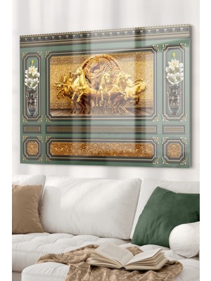 Beta Moda Hub Gold Detaylı At Heykelleri ve Çiçek | Hayvan Temalı Cam Tablo | 50X70 cm