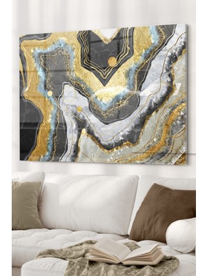 Beta Moda Hub Gold Detaylı Mermer | Soyut Temalı Cam Tablo | 50X70 cm