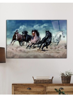 Beta Moda Hub Tozlu Koşan Atlar Vahşi Doğa Manzarası Cam Tablo, Darbelere Dayanıklı Kırılmaz Temperli