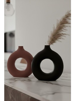 Safir Design Modern Donut Tasarım 2'li Vazo Seti - Büyük & Orta Boy Mat Beyaz Pampas Hediyeli Takım