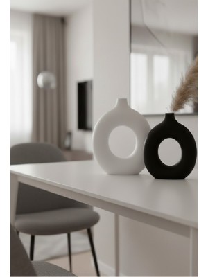 Safir Design Modern Donut Tasarım 2'li Vazo Seti - Büyük & Orta Boy Mat Beyaz Pampas Hediyeli Takım