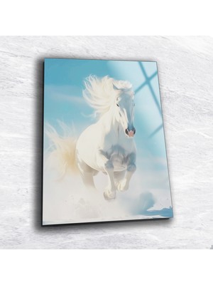 Beta Moda Hub Beyaz At Cam Duvar Dekoru , Temperli Cam Tablo , Oturma Odası Duvar Dekoru , Salon Duvar Tablosu