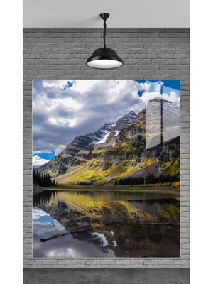 Beta Moda Hub Muhteşem Dağ ve Göl Manzarası Temperli Cam Üzerine Tablo Sevgilinize Yılbaşı Hediye