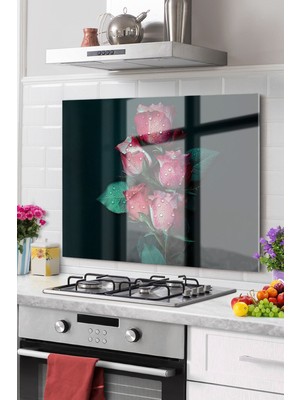 Beta Moda Hub Premium Mutfak Cam Ocak Arkası Koruyucu Tezgah Ankastre Arkası Koruyucu 50X60CM | Çiçek Gül Kırmızı