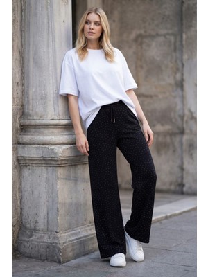 Madmext Siyah Taş Işlemeli Lastikli Bel Geniş Paça Şık Kadın Pantolon MG2704