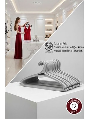 Modacar Giulia Vieri Selection: 12'li Premium Italyan Tasarım Ince Siluet Kaymaz Elbise Askısı Seti Gri