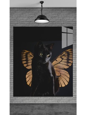 Beta Moda Hub Dekorasyon Kanatlı Kedi Görseli Temperli Cam Üzerine Tablo Sevgilinize Yılbaşı Hediye