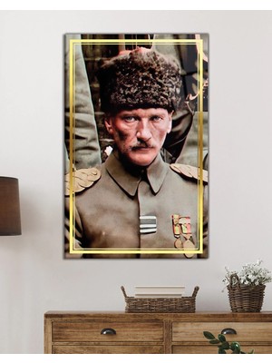 Beta Moda Hub Gold Şeritli Mustafa Kemal Atatürk Portresi Cam Tablo, Darbelere Dayanıklı Kırılmaz Temperli