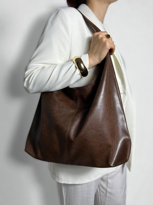 Ebrou Kadın Omuz Çantası - Büyük Boy Siyah Suni Deri Minimalist Tasarım Geniş Hacim