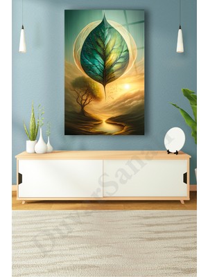 Beta Moda Hub Soyut Yeşil Yaprak Dikey Cam Tablo, Modern Ev Ofis Salon Duvar Dekoru, Hediyelik Büyük Tablo Dekor