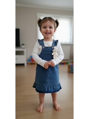 Kidzes Kız Çocuk Bayramlık Badili Yumuşak Kot Salopet Elbise