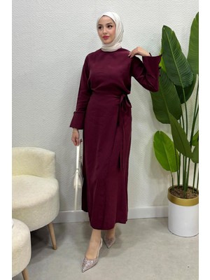 Tesettür Diyarı Kadın Yazlık Kumaş Bağlamalı Etekli Takım- Bordo