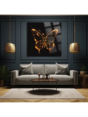 Beta Moda Hub Gold Kelebek Ultra Yüksek Çözünürlük Kare Cam Tablo Ev Iş Yeri Ofis Hediyesi Soyut Tasarım Tablo