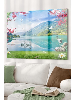 Beta Moda Hub Gölde Yüzen Kuğular | Hayvan Temalı Cam Tablo | 50X70 cm