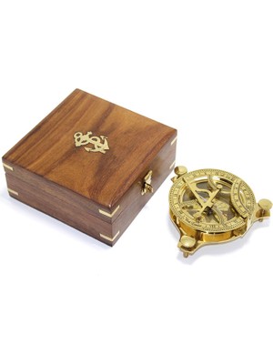 Meks Ahşap Kutulu El Yapımı Pirinç Güneş Saati ve Pusula