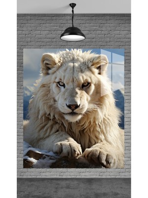 Beta Moda Hub Muhteşem Beyaz Aslan Görseli Temperli Cam Üzerine Tablo