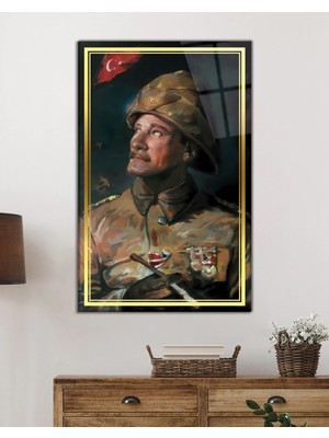Beta Moda Hub Gold Şeritli Yapay Zeka Üniforma Atatürk Portresi Cam Tablo, Temperli Rodajlı Dayanıklı Kırılmaz Cam